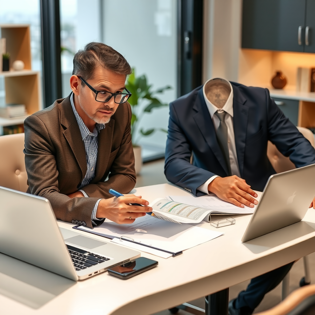 Professional financial advisor consulting with client about personal lending options, showing documents and calculator on modern desk with laptop, warm and trustworthy atmosphere