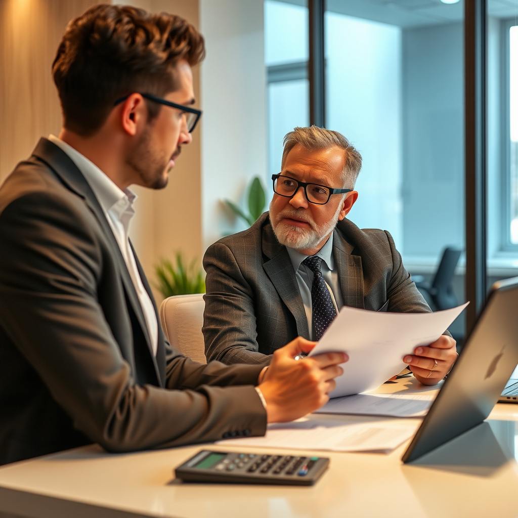 Professional financial advisor consulting with client about personal lending solutions, modern office setting with documents and calculator on desk, warm and welcoming atmosphere
