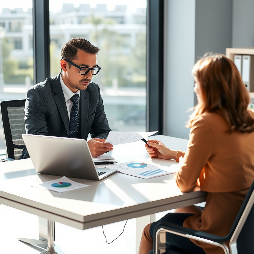 Professional financial advisor in business attire meeting with a client across a modern desk, discussing personal loan documents with laptop and financial charts visible, bright natural lighting through office windows