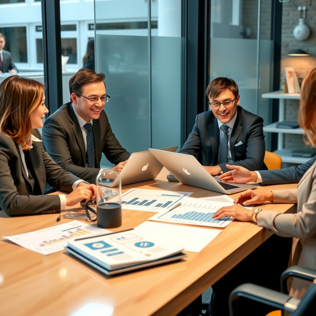 Professional business team meeting in modern office discussing financing strategies and growth plans with laptops and financial documents on conference table