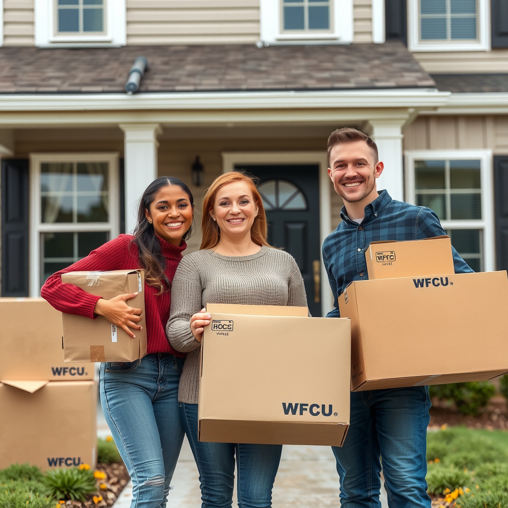 Happy family standing in front of their new home with moving boxes, smiling and holding house keys, representing successful homeownership through WFCU financing