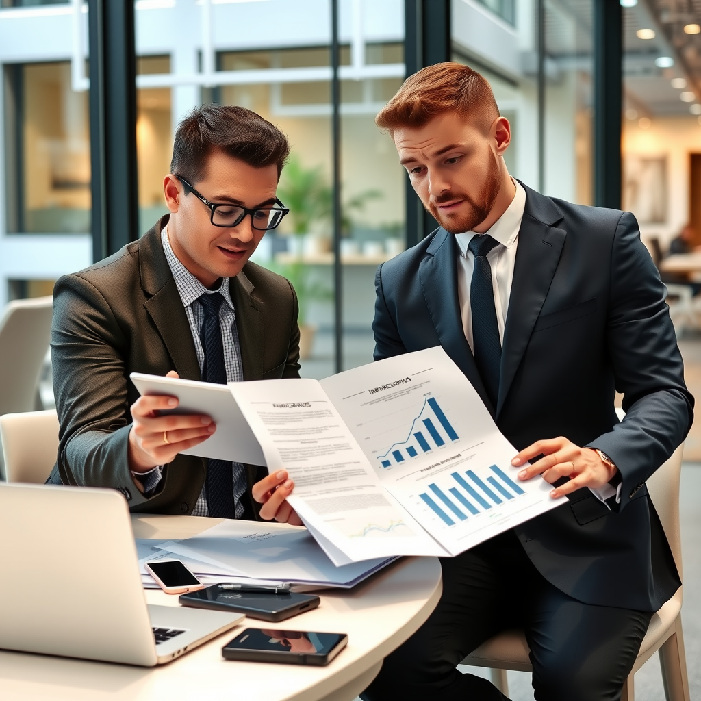 Successful business owner in modern office reviewing business financing documents with financial advisor, showing growth charts and expansion plans on digital tablet, professional and confident setting