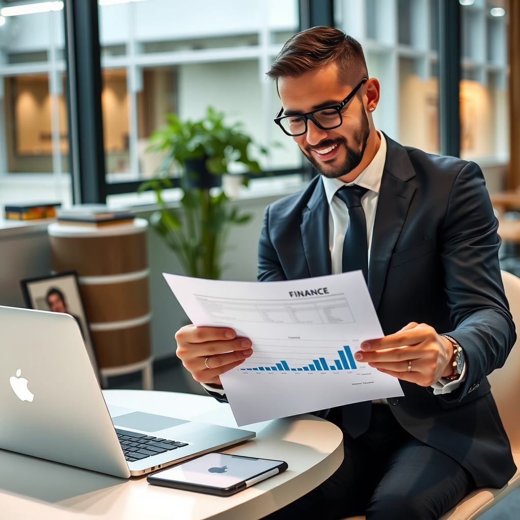 Successful business owner reviewing financing documents in modern office, laptop and financial charts visible, professional and confident atmosphere with growth indicators