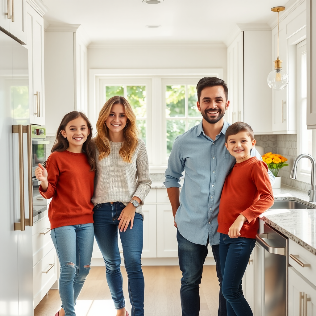 Smiling family of four standing in their bright, newly renovated modern kitchen with white cabinets, stainless steel appliances, and granite countertops, natural sunlight streaming through large windows