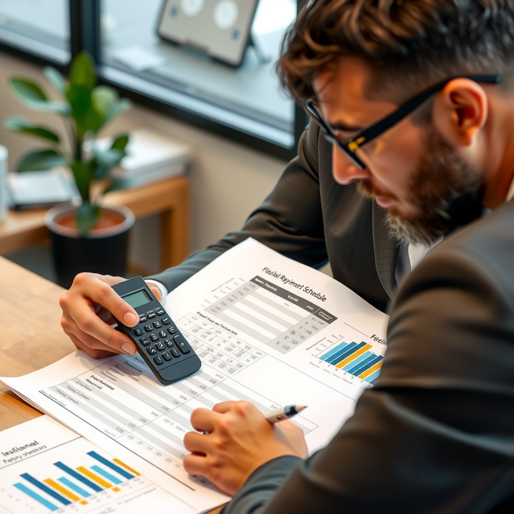 Business owner reviewing flexible repayment schedule and financial planning documents with calculator and charts showing payment options and cash flow projections