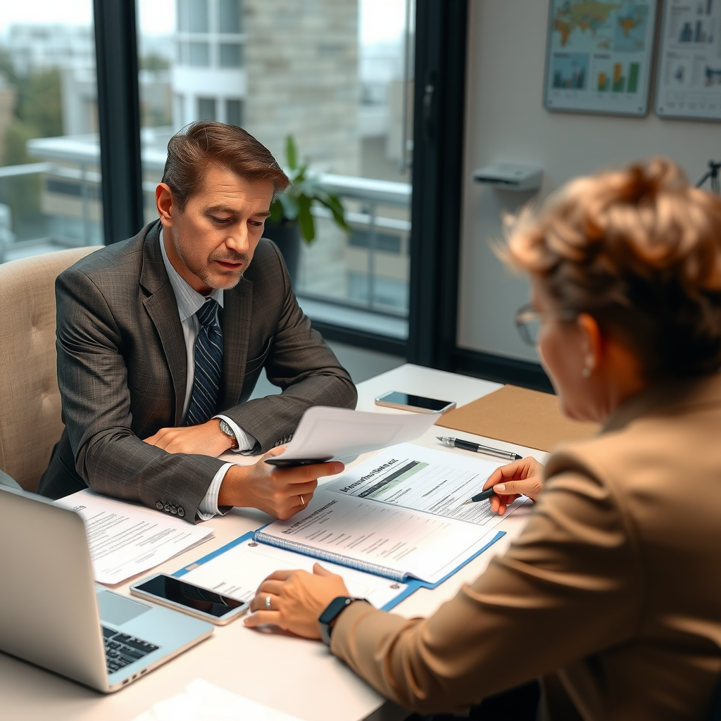 Professional financial advisor sitting at desk with clients, reviewing mortgage documents and explaining home financing options on laptop screen