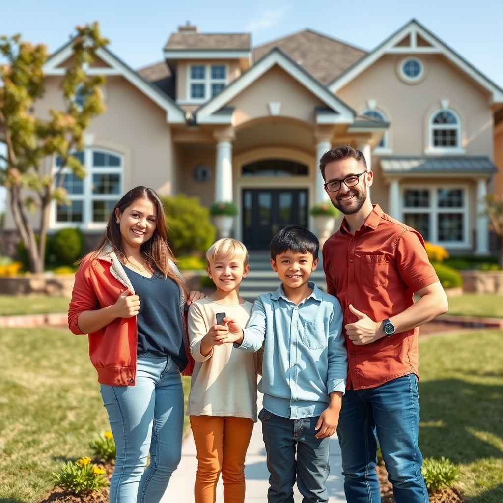 Happy family standing in front of their new home with keys in hand, beautiful residential property in background, sunny day with welcoming front entrance and landscaped yard