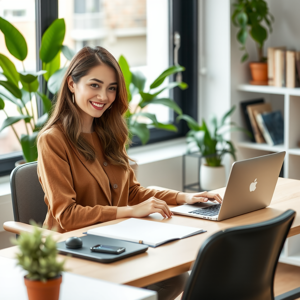 Professional woman in casual business attire sitting at home office desk, smiling while using laptop for online banking application, modern home office with plants and natural lighting