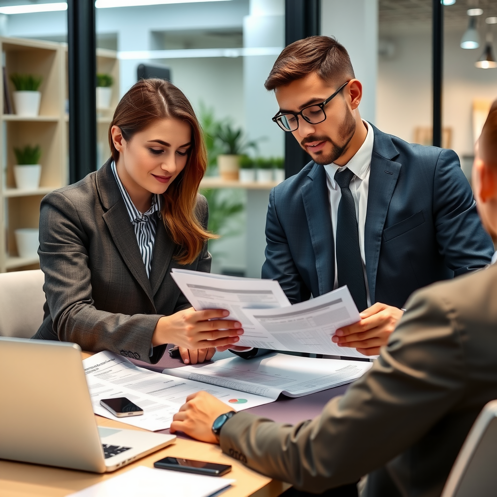 Business lending specialist consulting with small business owner reviewing financial documents and discussing customized financing solutions in professional office setting