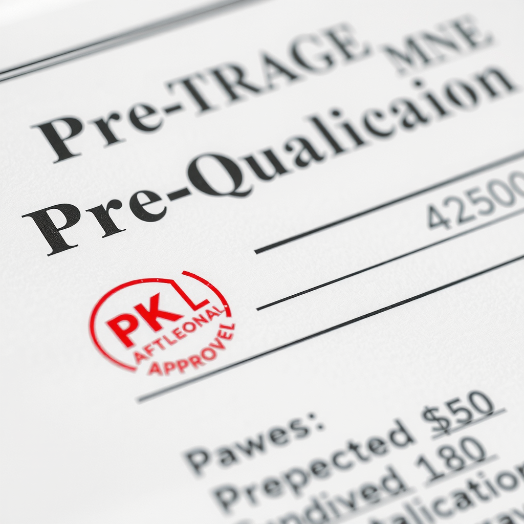 Close-up of mortgage pre-qualification certificate document with approved stamp and financial calculations, representing successful loan approval
